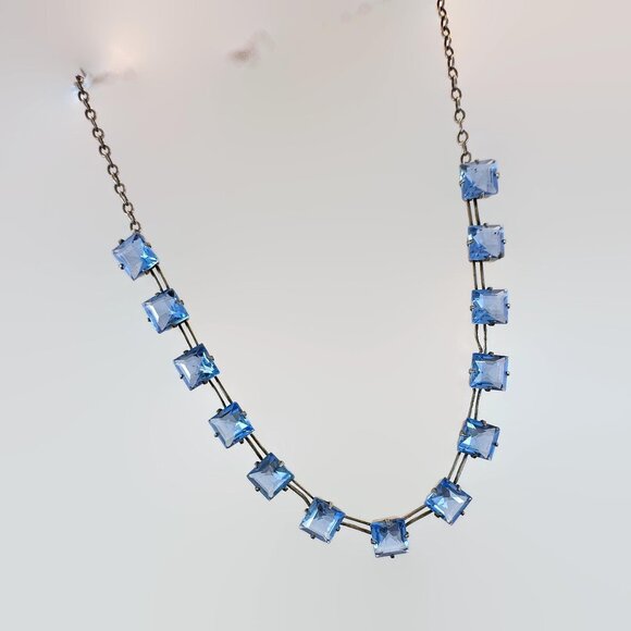 Vintage Art Deco Necklace Sterling Silver: Antique, Blue Glass Faceted - Picture 5 of 6